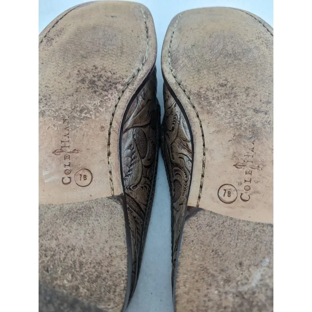 Cole Haan wmns 7B Slides Open Back Tooled Leather Brown Leather Soles Preowned